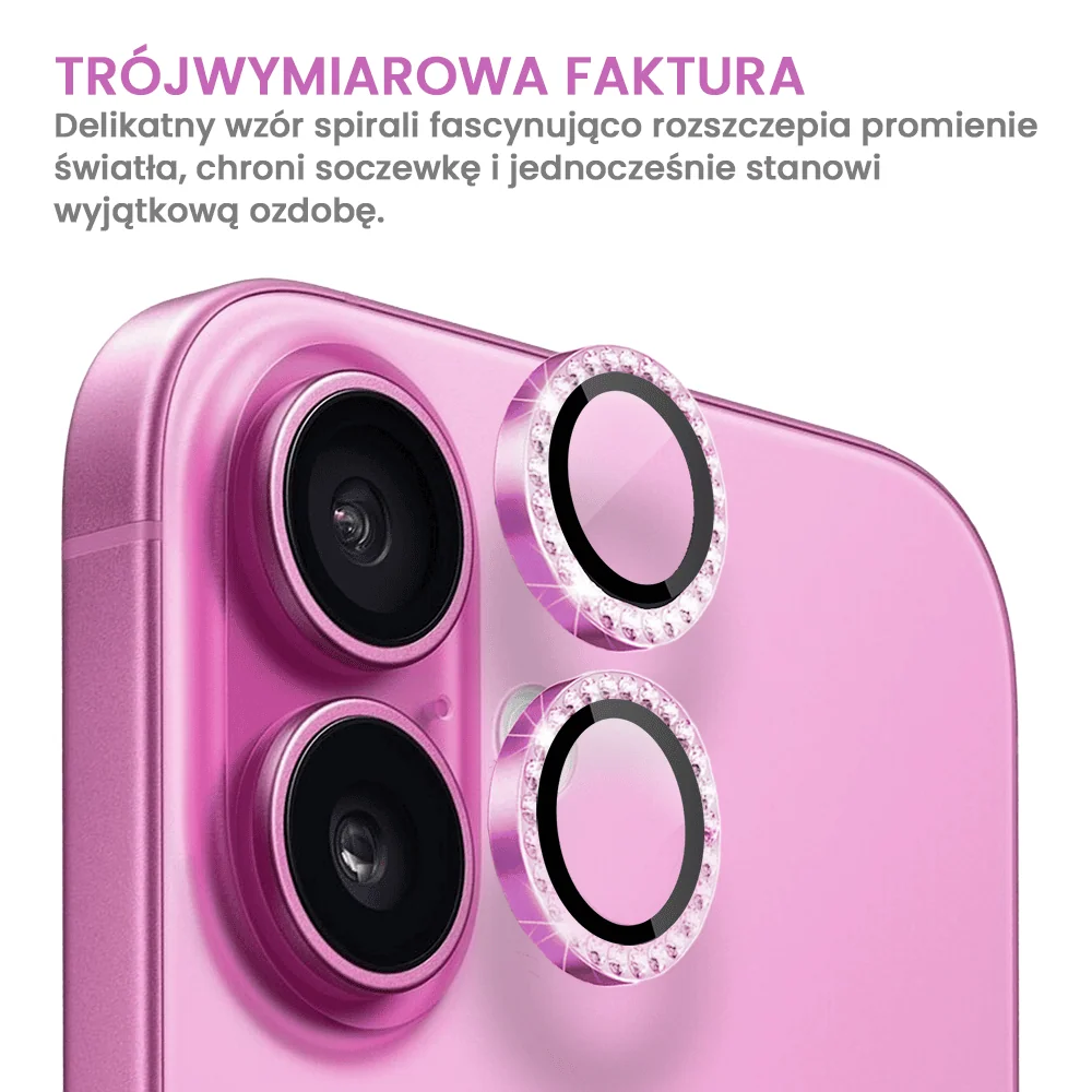 Luksusowa diamentowa osłona obiektywów, szkło na aparat iPhone 16 Plus, różowa
