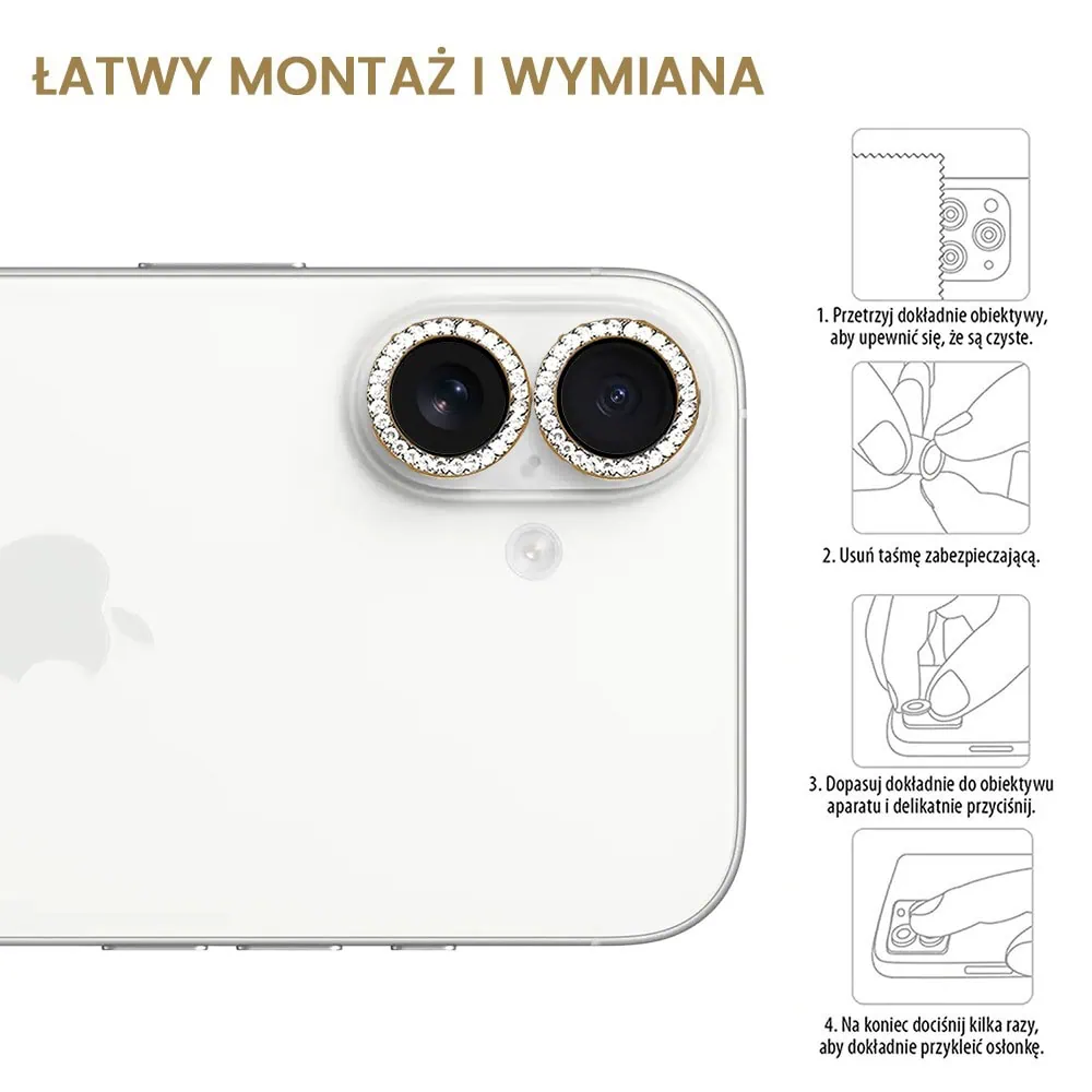 Luksusowa diamentowa osłona obiektywów, szkło na aparat iPhone 16 Plus, złota