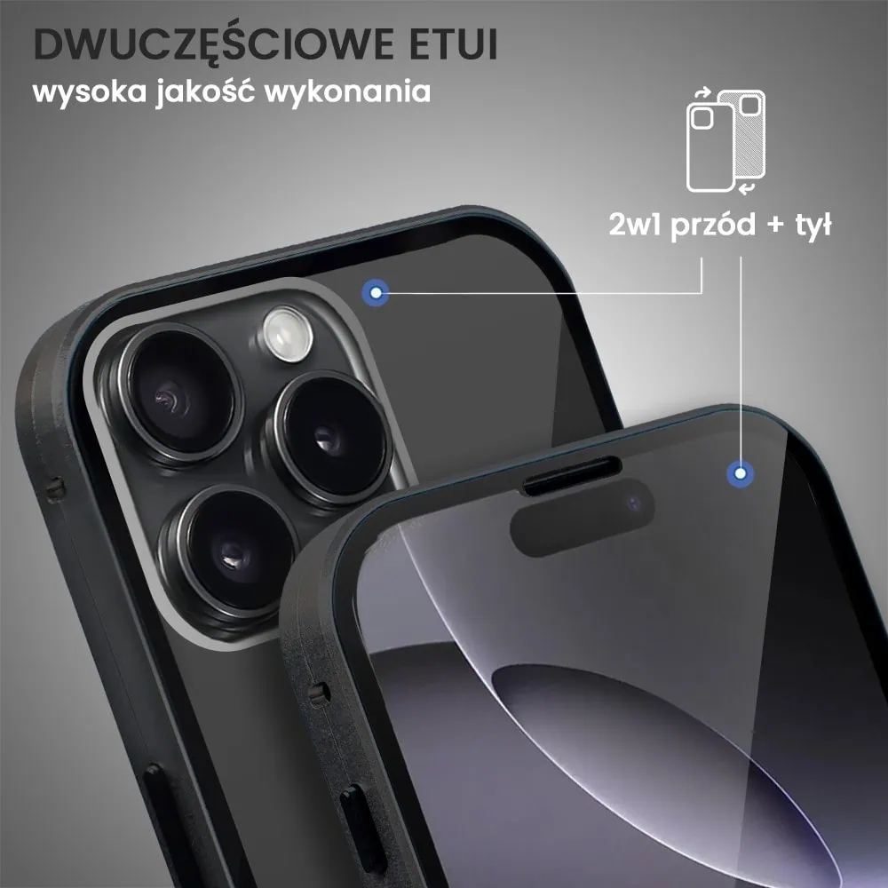 Obudowa do iPhone 16 Pro Max podwójna szyba i aluminium 360° przód + tył magnetyczna, czarna