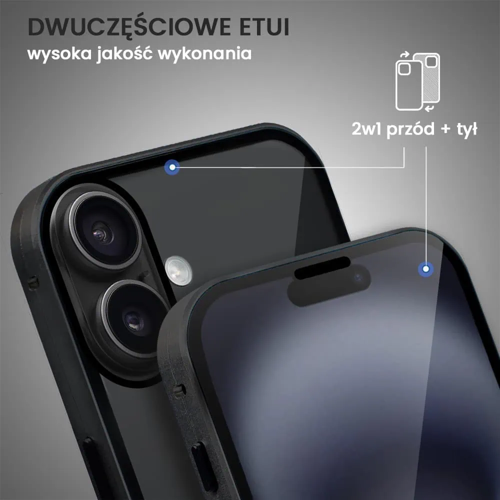 Obudowa do iPhone 16 Plus podwójna szyba i aluminium 360° przód + tył magnetyczna, czarna