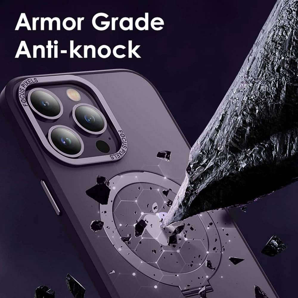 Etui do iPhone 14 Pro Metal Cam MagSafe Stand z podstawką, twarde, półprzeźroczyste, purpurowe