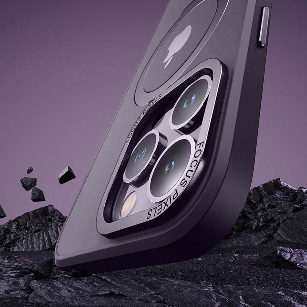 Etui do iPhone 14 Pro Metal Cam MagSafe Stand z podstawką, twarde, półprzeźroczyste, purpurowe