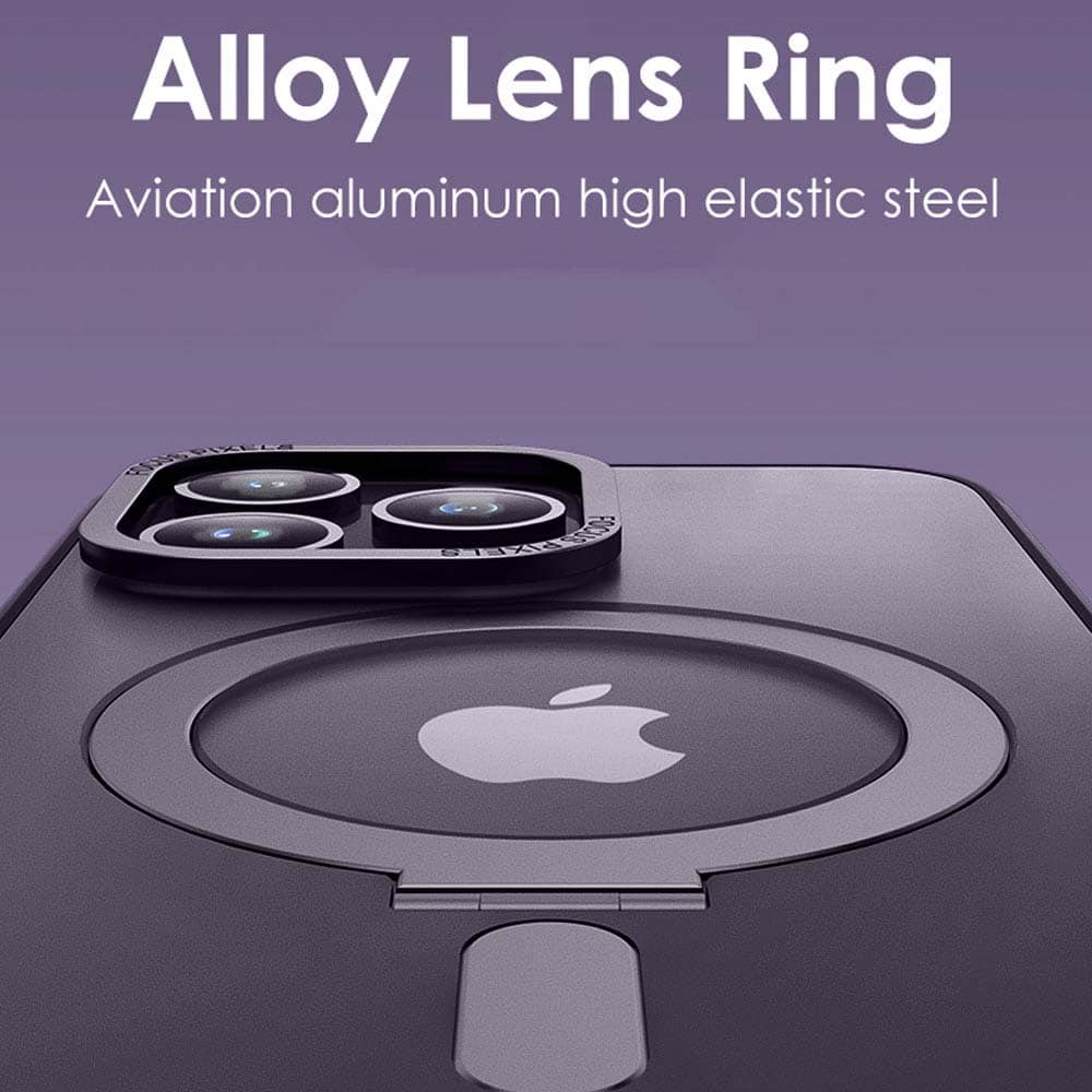 Etui do iPhone 14 Pro Metal Cam MagSafe Stand z podstawką, twarde, półprzeźroczyste, purpurowe