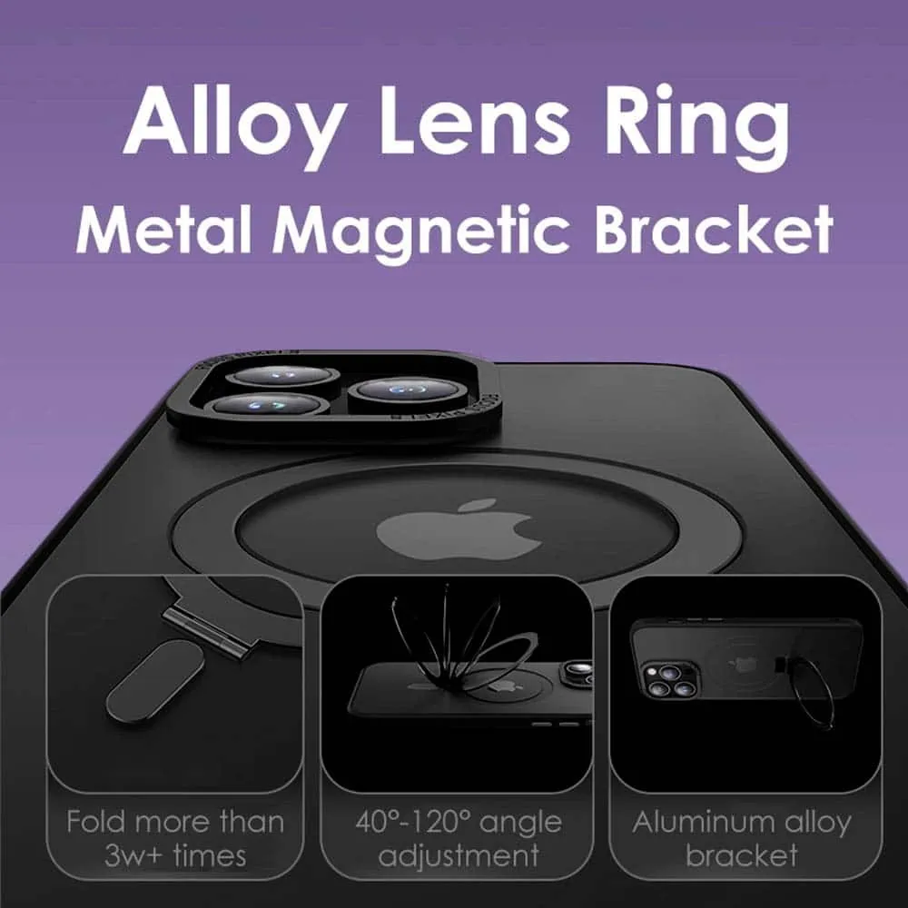 Etui do iPhone 14 Pro Metal Cam MagSafe Stand z podstawką, twarde, półprzeźroczyste, czarne