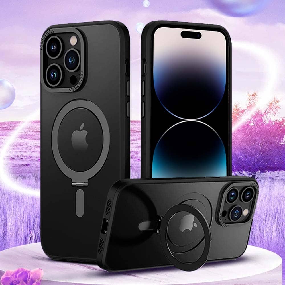 Etui do iPhone 14 Pro Metal Cam MagSafe Stand z podstawką, twarde, półprzeźroczyste, czarne