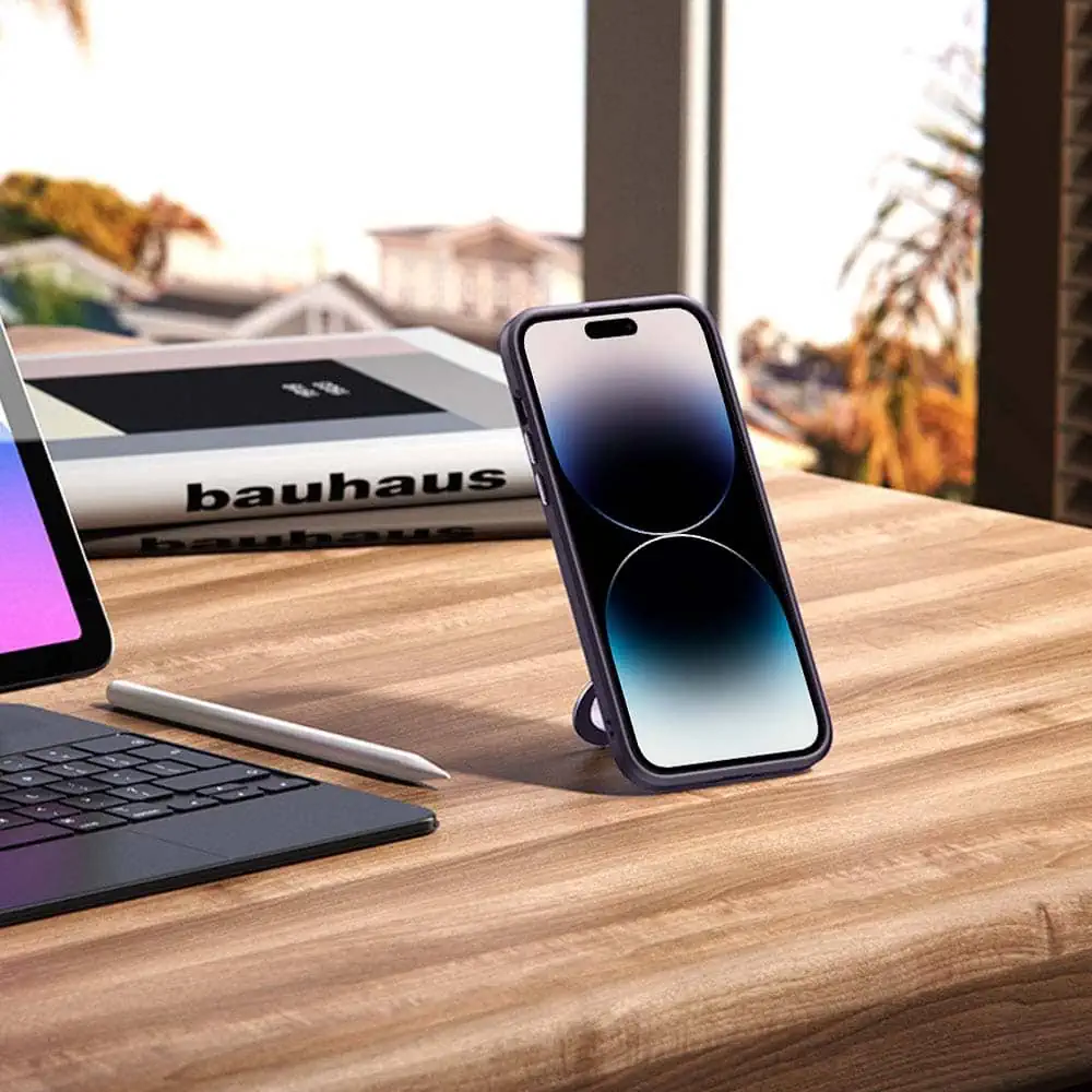 Etui do iPhone 14 Pro Metal Cam MagSafe Stand z podstawką, twarde, półprzeźroczyste, czarne