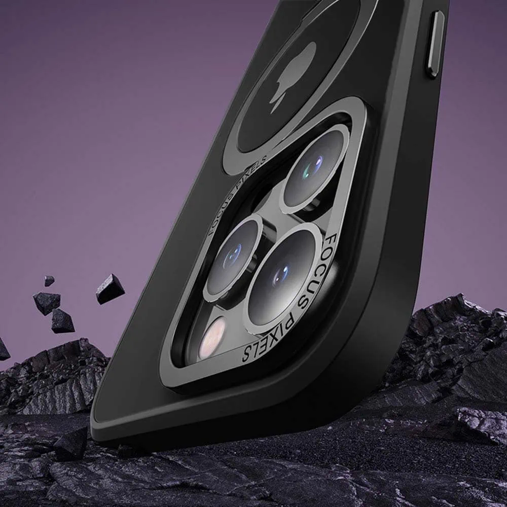 Etui do iPhone 14 Pro Metal Cam MagSafe Stand z podstawką, twarde, półprzeźroczyste, czarne