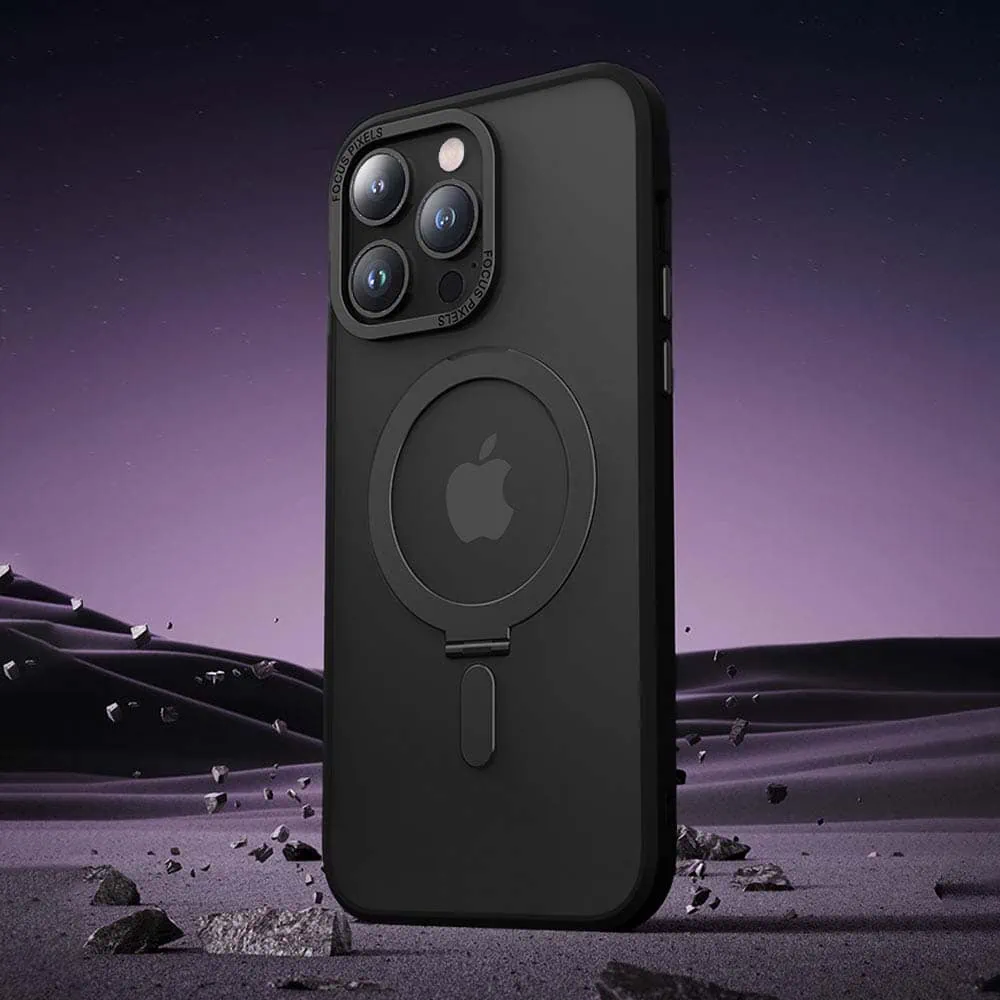 Etui do iPhone 14 Pro Metal Cam MagSafe Stand z podstawką, twarde, półprzeźroczyste, czarne