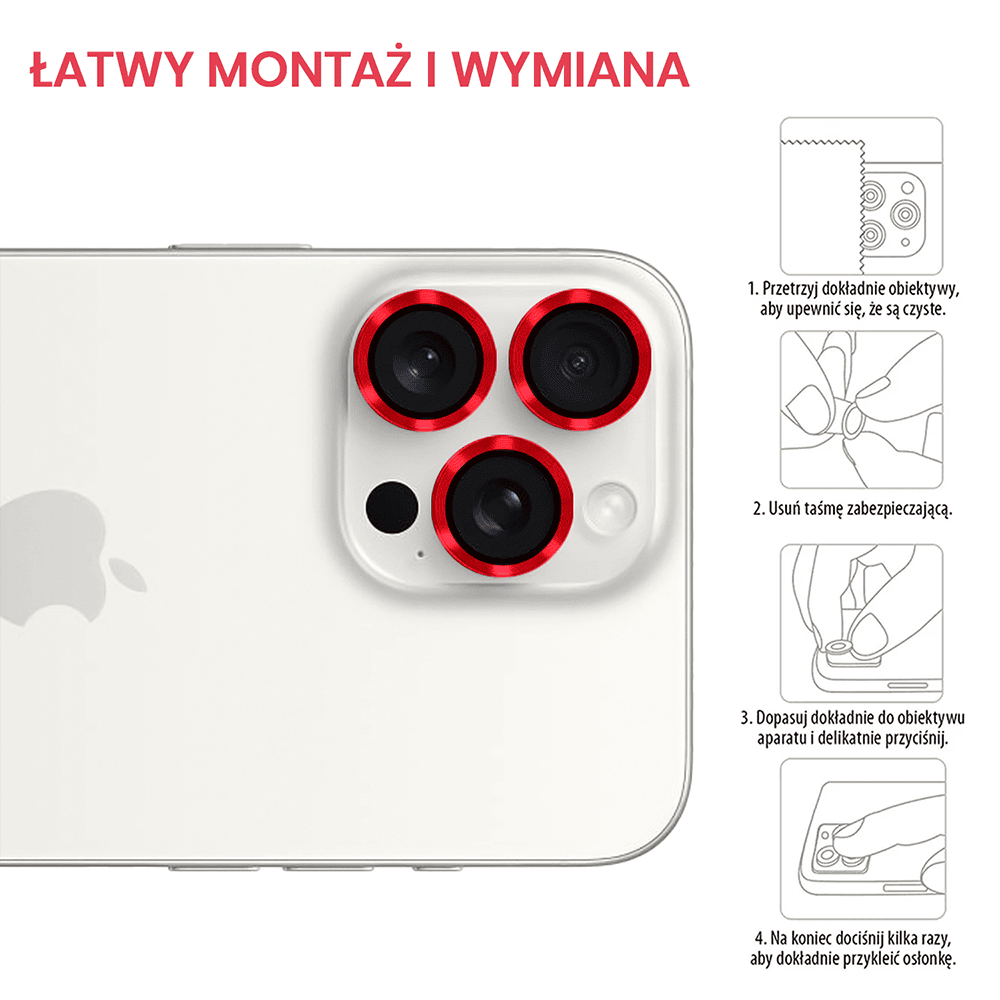 Metalowa osłona obiektywów szkło na aparat iPhone 16 Pro Max, czerwone