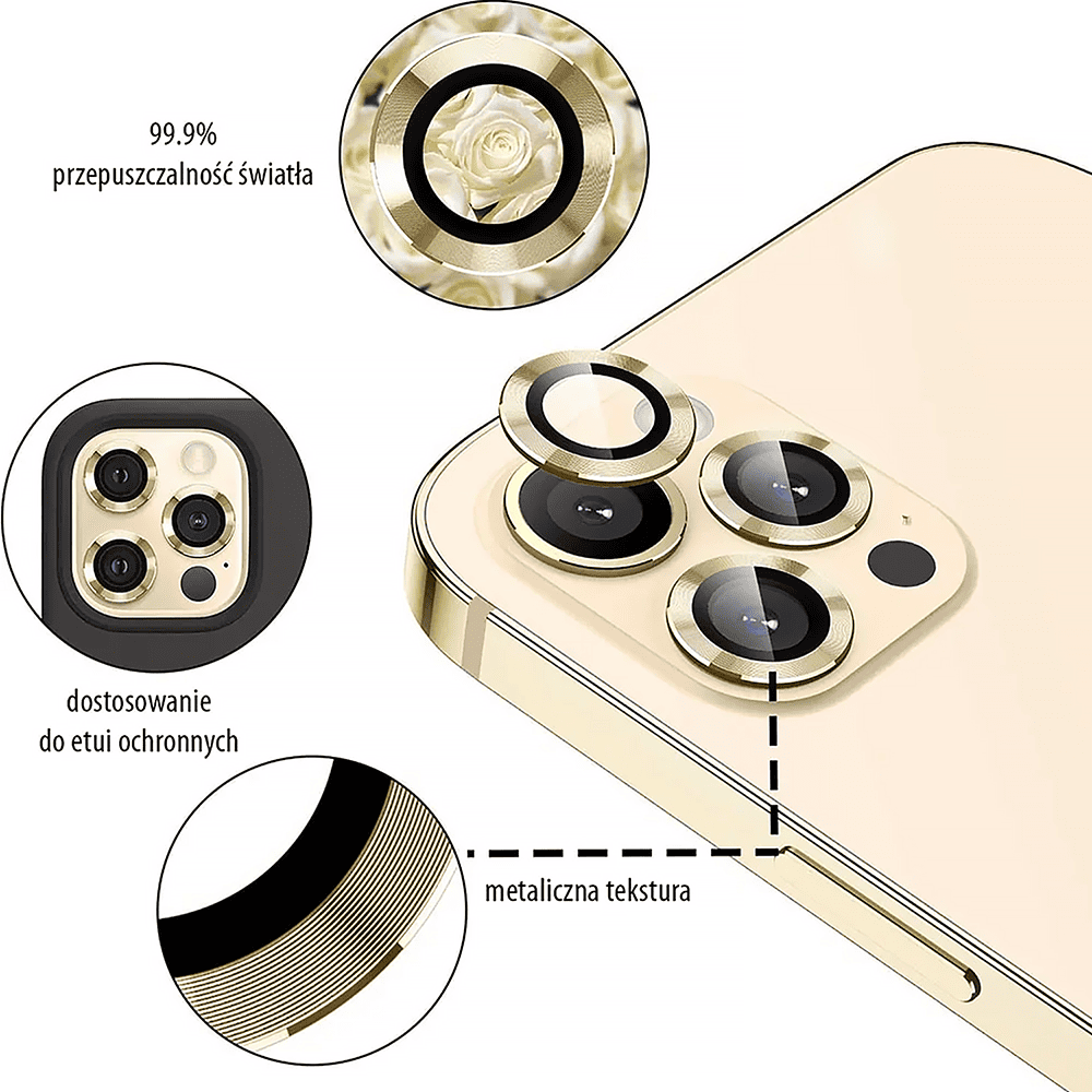 Metalowa osłona obiektywów szkło na aparat iPhone 13 Pro Max złote