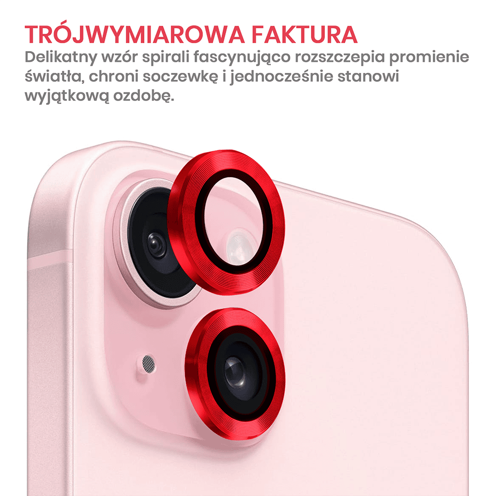 Metalowa osłona obiektywów szkło na aparat iPhone 15 Plus, czerwona