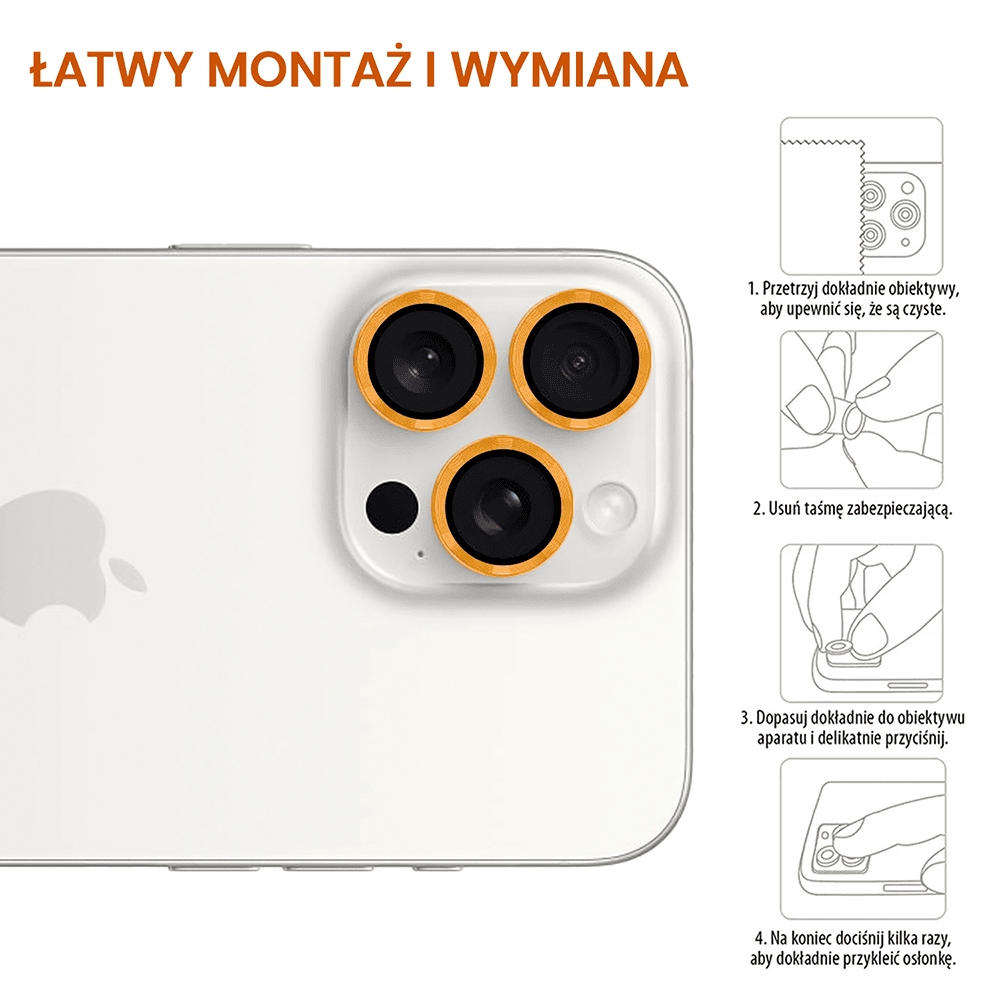 Metalowa osłona obiektywów szkło na aparat iPhone 15 Pro Max, pomarańczowa