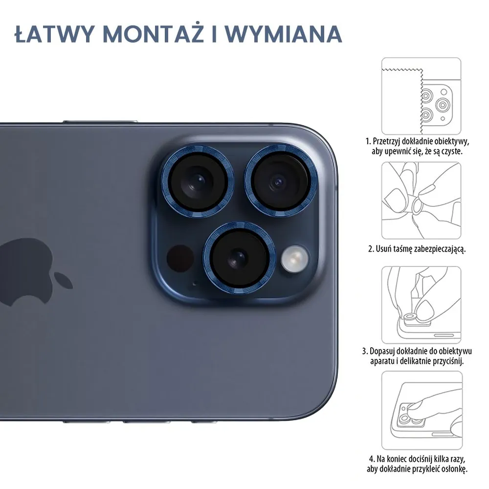 Metalowa osłona obiektywów szkło na aparat iPhone 16 Pro, tytanowe błękitne