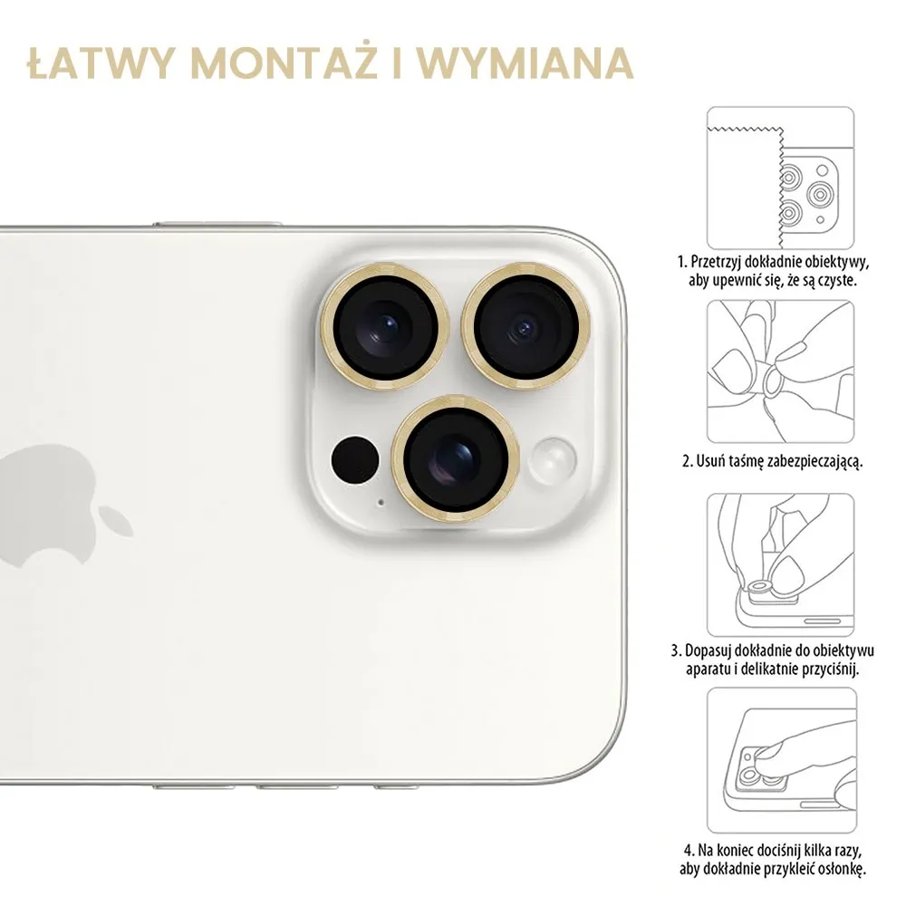 Metalowa osłona obiektywów szkło na aparat iPhone 15 Pro, złote