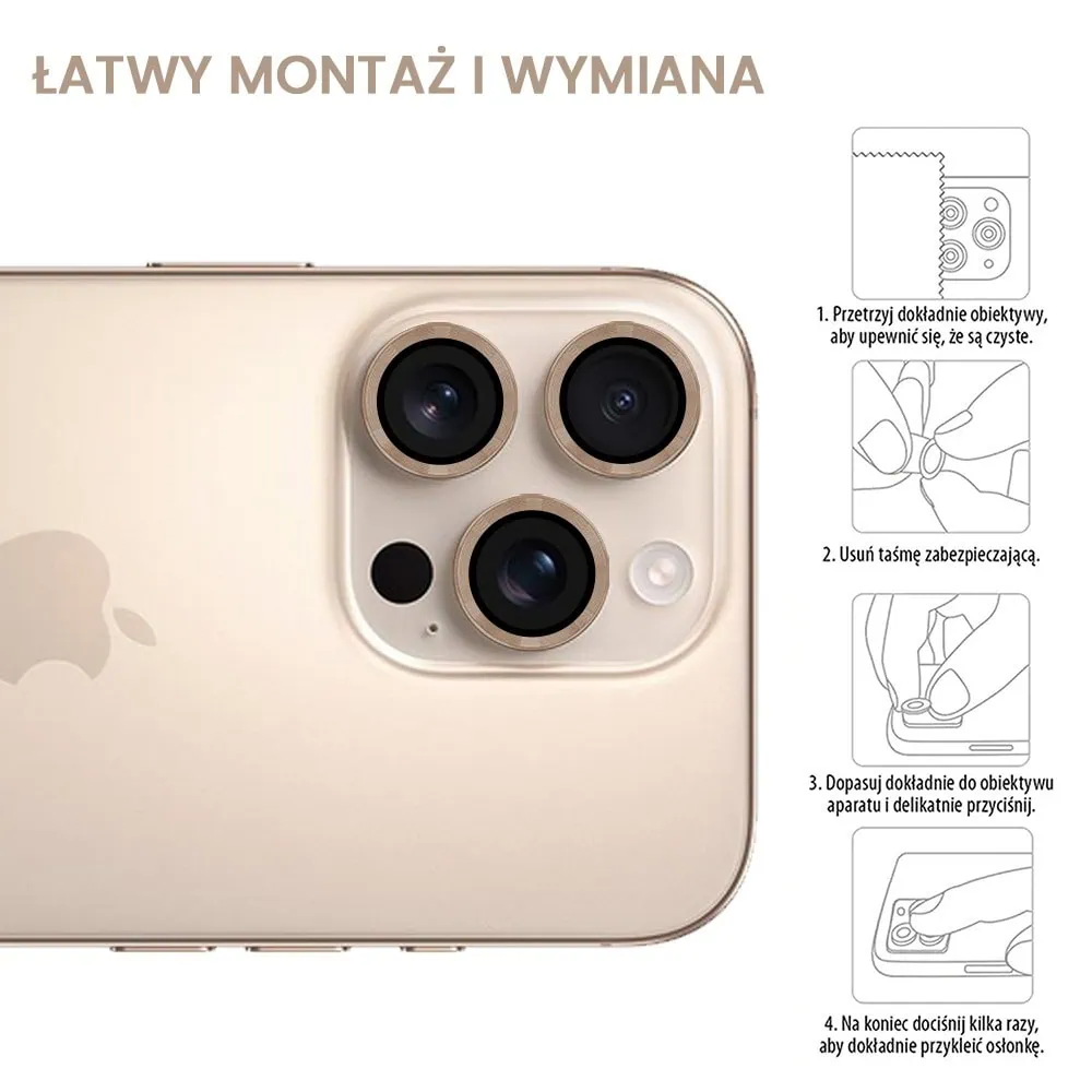 Metalowa osłona obiektywów szkło na aparat iPhone 16 Pro Max, pustynny tytan
