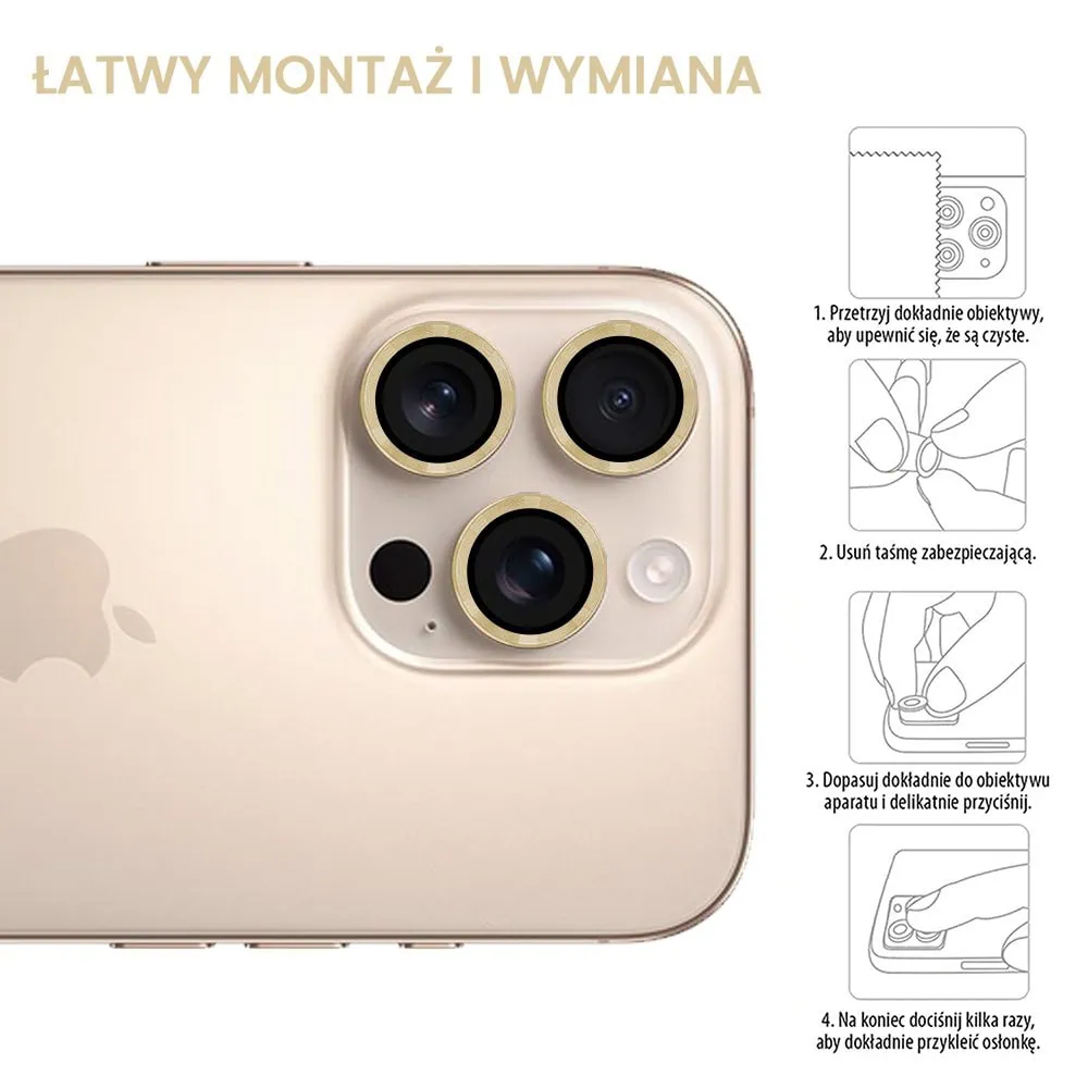 Metalowa osłona obiektywów szkło na aparat iPhone 16 Pro, złote