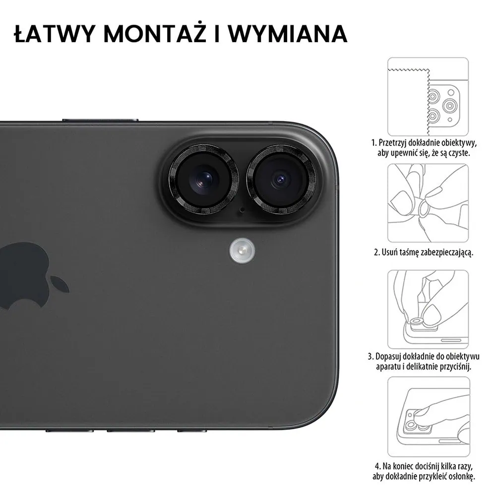 Metalowa osłona obiektywów szkło na aparat iPhone 16 Plus, czarne