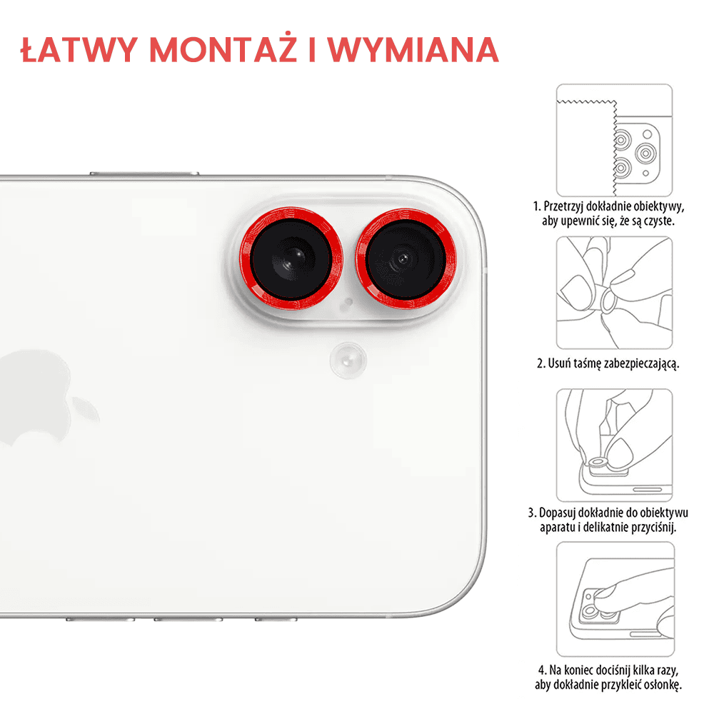 Metalowa osłona obiektywów szkło na aparat iPhone 16, czerwona