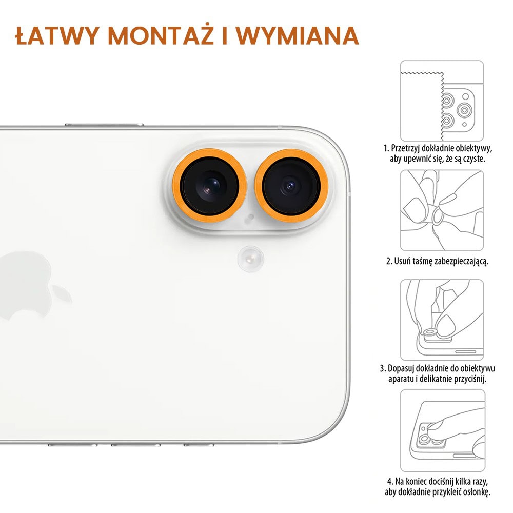 Metalowa osłona obiektywów szkło na aparat iPhone 16, pomarańczowa