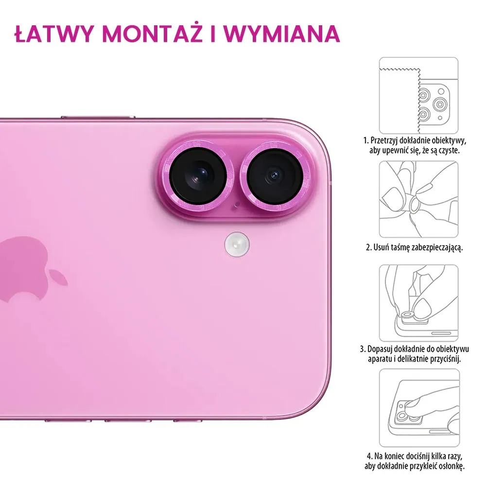 Metalowa osłona obiektywów szkło na aparat iPhone 16, różowa