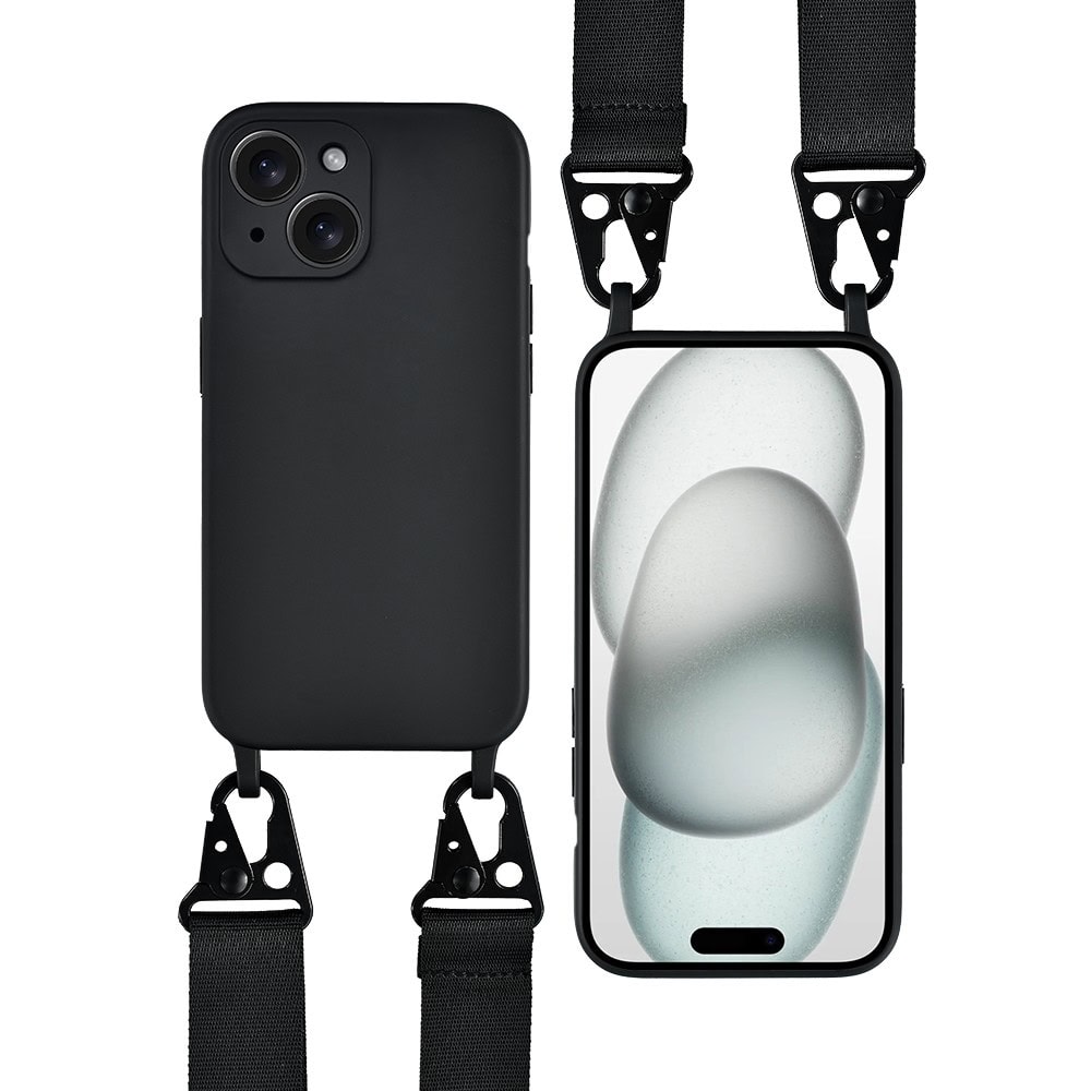 Etui do iPhone 15, crossbody z paskiem jak torebka, osłona aparatu, czarne