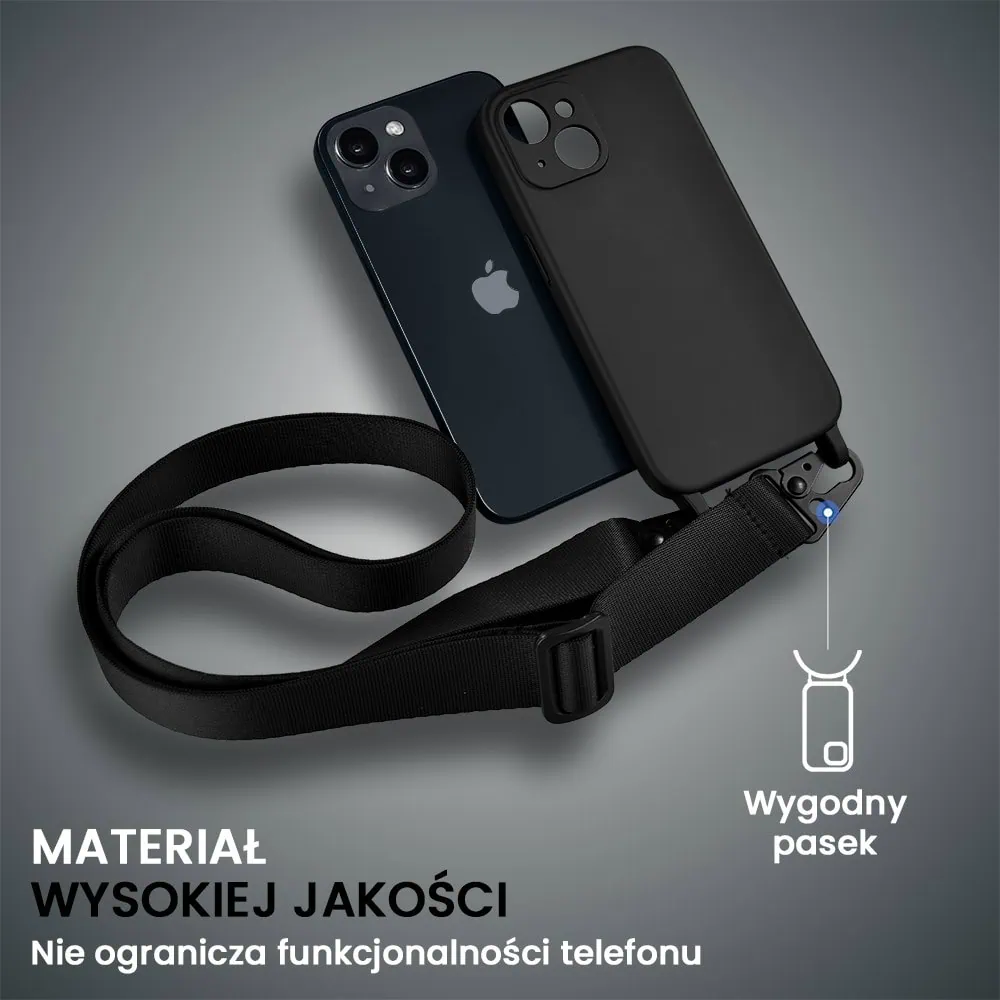 Etui do iPhone 14, crossbody z paskiem jak torebka, osłona aparatu, czarne