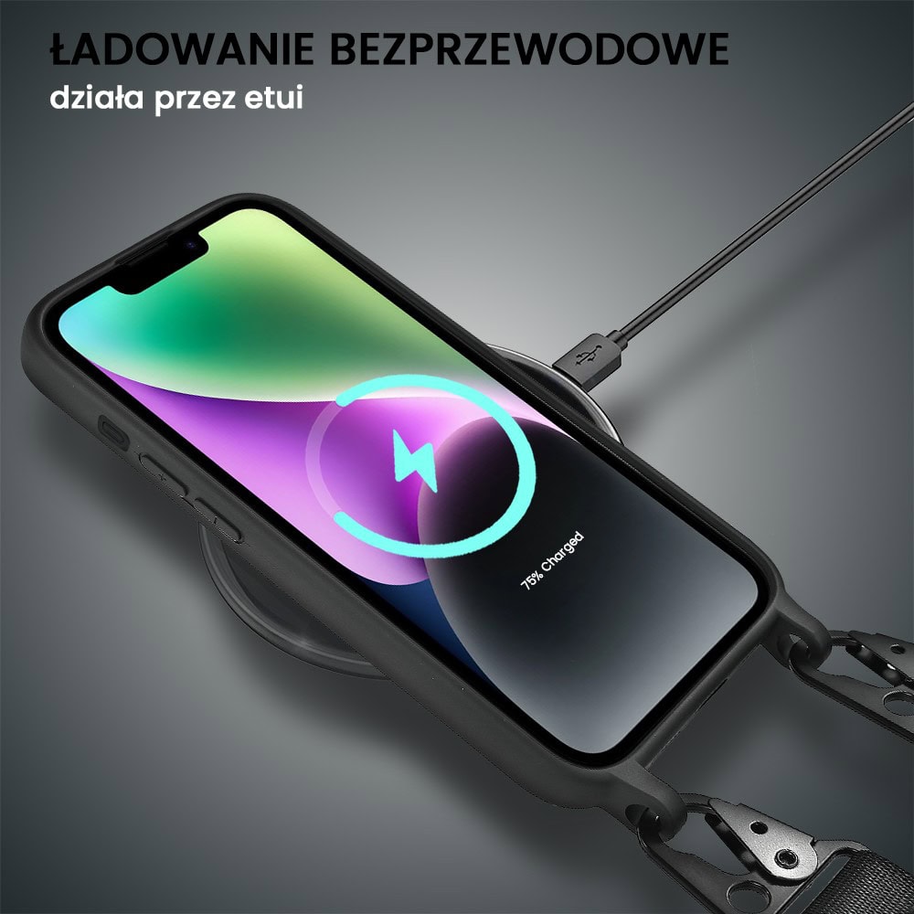 Etui do iPhone 14, crossbody z paskiem jak torebka, osłona aparatu, czarne