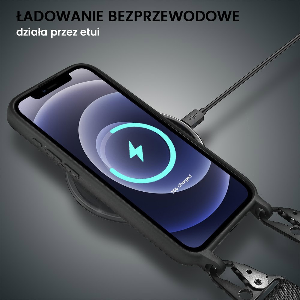 Etui do iPhone 12, crossbody z paskiem jak torebka, osłona aparatu, czarne