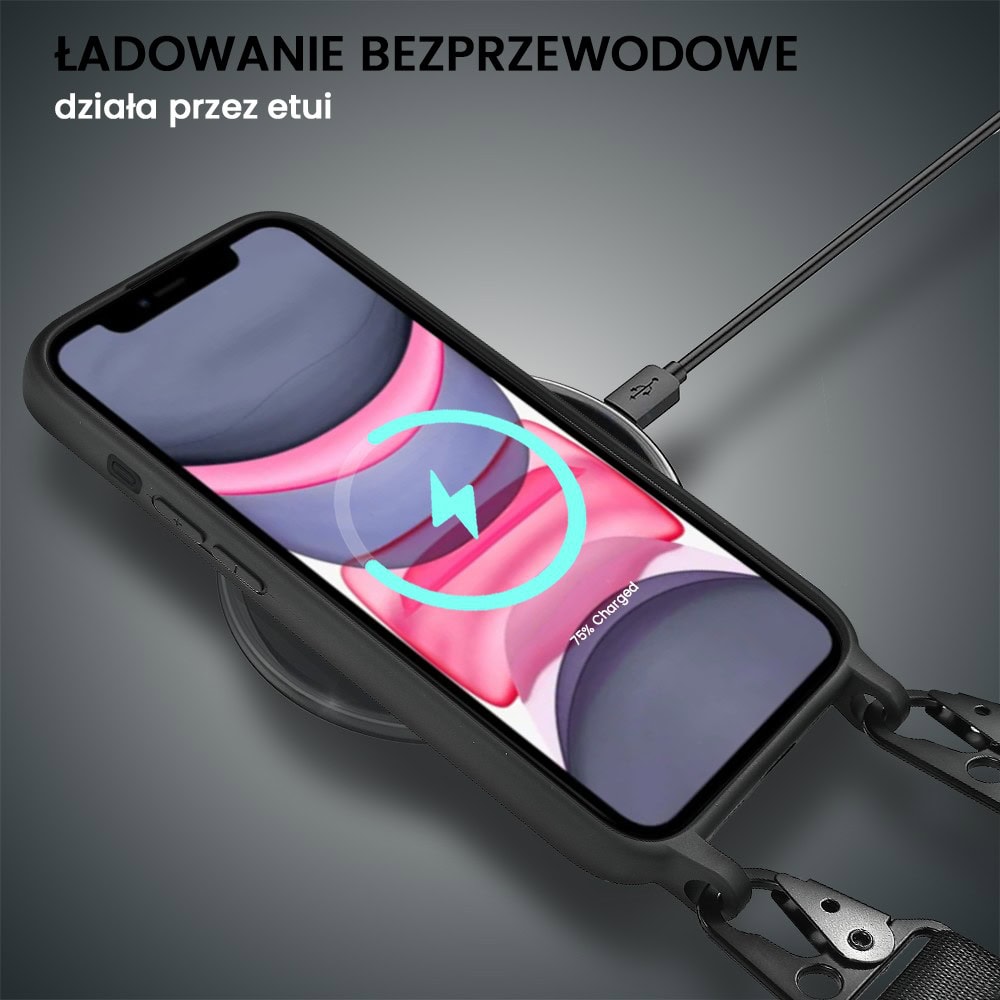 Etui do iPhone 11, crossbody z paskiem jak torebka, osłona aparatu, czarne