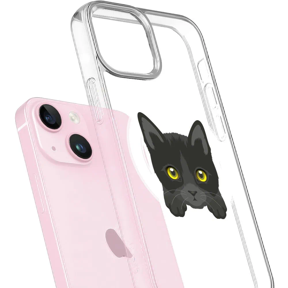 Etui do iPhone 15 Plus, twardy tył, kot bombajski, przeźroczyste