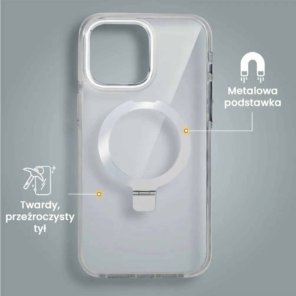 Etui do iPhone 15 Pro Max Clear Steel MagSafe, z podstawką, przeźroczysty tył, biała ramka