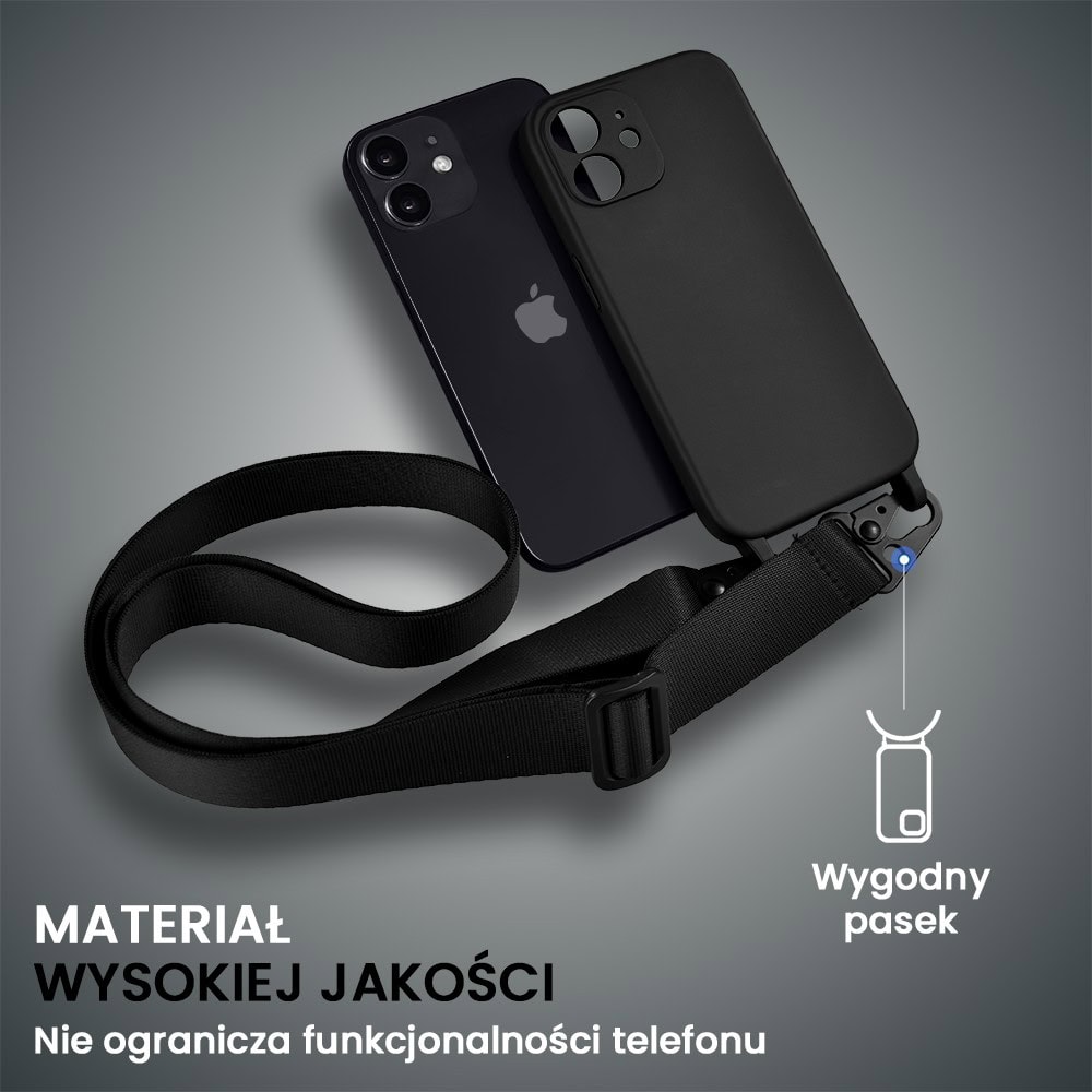 Etui do iPhone 12, crossbody z paskiem jak torebka, osłona aparatu, czarne