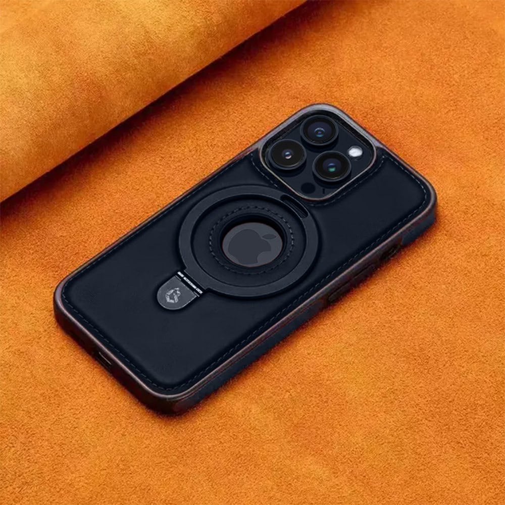 Etui do iPhone 15 Pro Slim Leather MagSafe Stand z podstawką i widocznym logo, granatowe