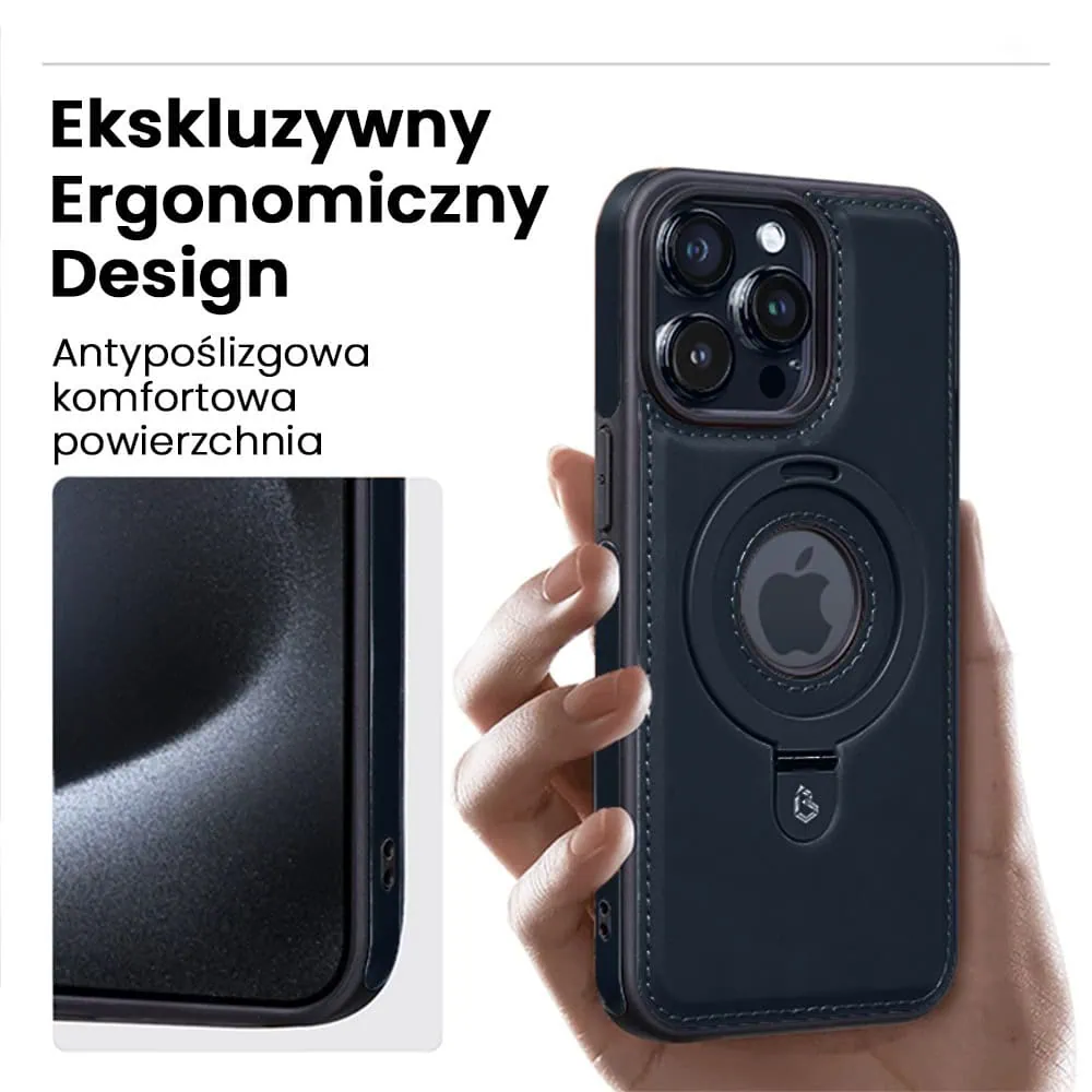 Etui do iPhone 15 Pro Slim Leather MagSafe Stand z podstawką i widocznym logo, granatowe