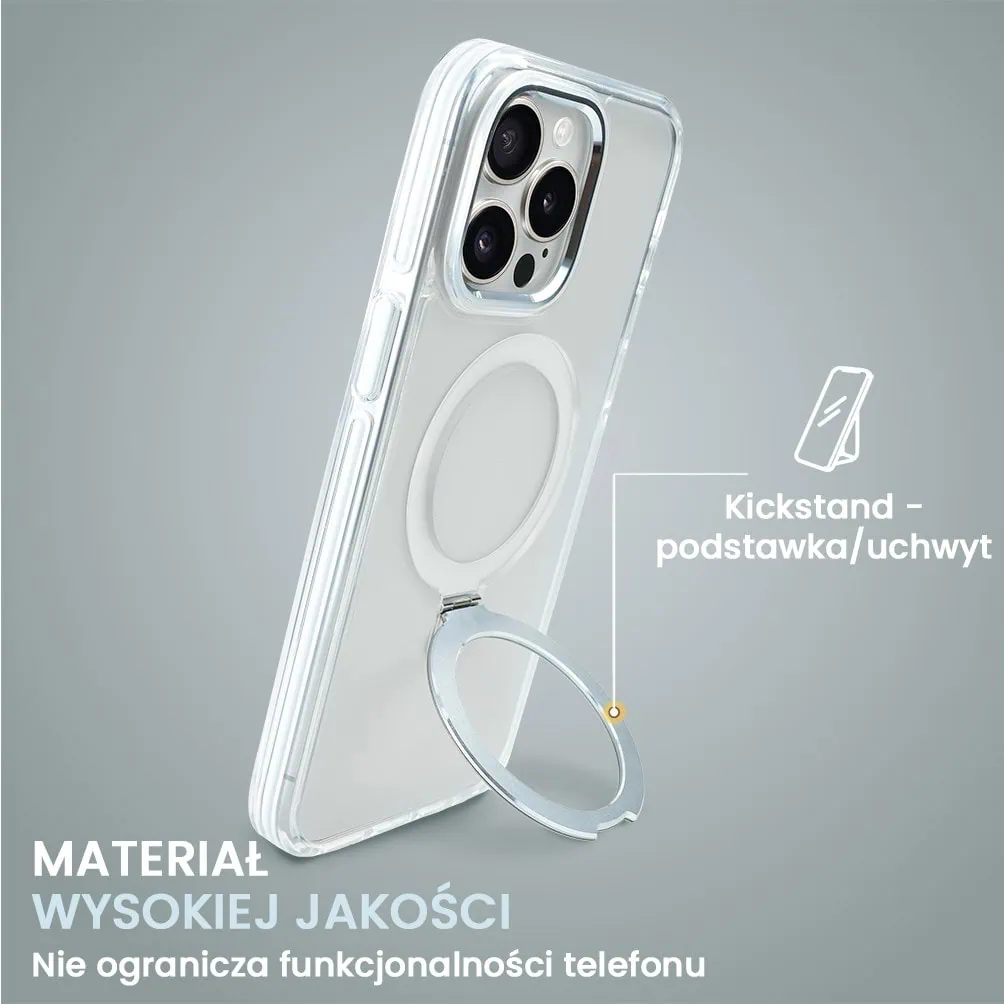 Etui do iPhone 15 Pro Max Clear Steel MagSafe, z podstawką, przeźroczysty tył, biała ramka