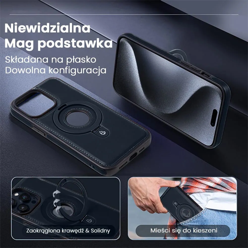 Etui do iPhone 15 Pro Slim Leather MagSafe Stand z podstawką i widocznym logo, granatowe