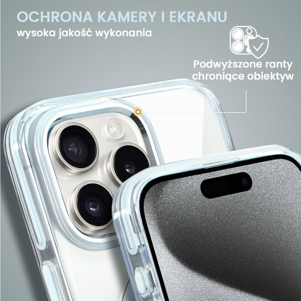 Etui do iPhone 15 Pro Max Clear Steel MagSafe, z podstawką, przeźroczysty tył, biała ramka