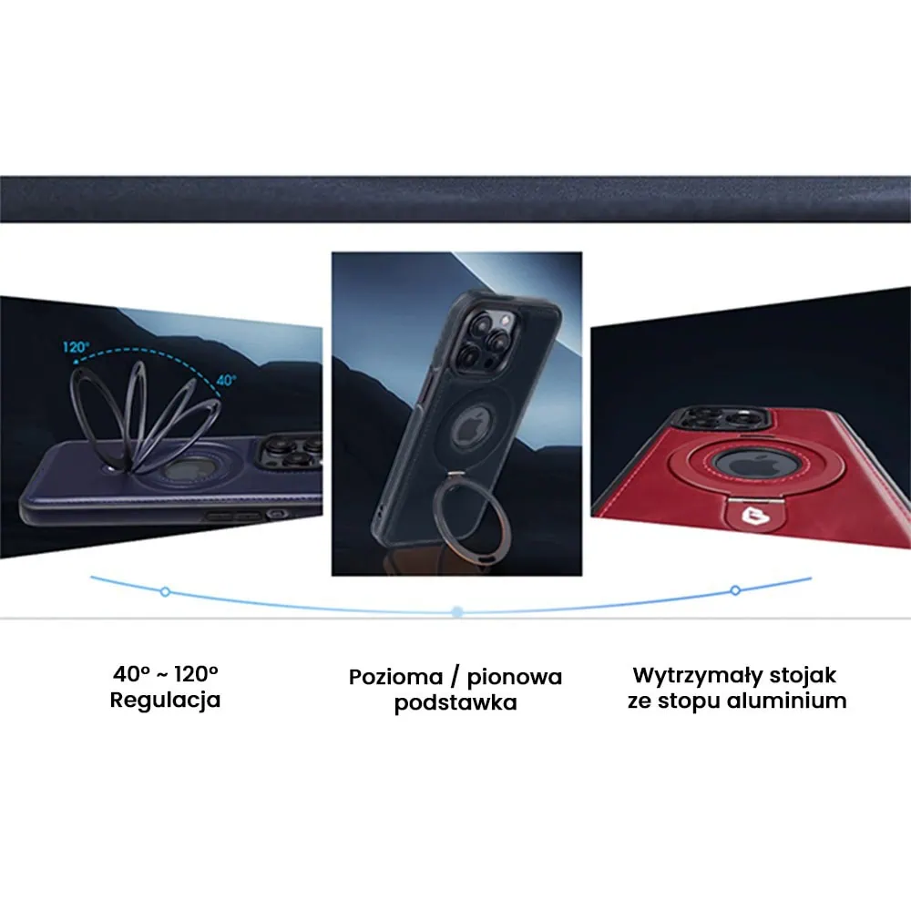 Etui do iPhone 15 Pro Slim Leather MagSafe Stand z podstawką i widocznym logo, granatowe