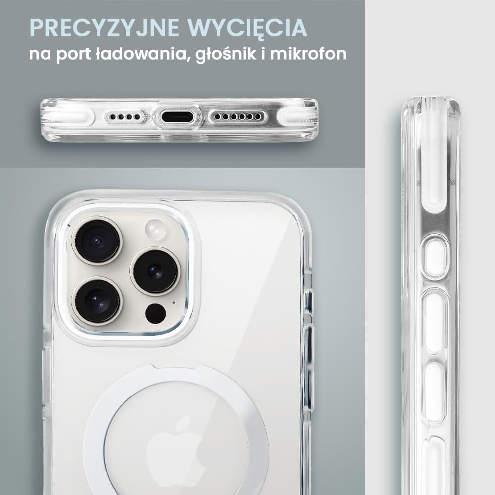 Etui do iPhone 15 Pro Max Clear Steel MagSafe, z podstawką, przeźroczysty tył, biała ramka