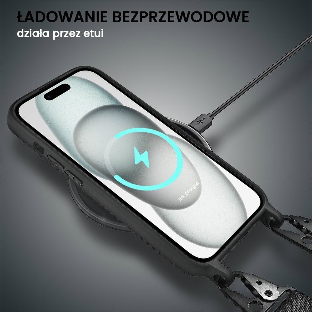 Etui do iPhone 15, crossbody z paskiem jak torebka, osłona aparatu, czarne
