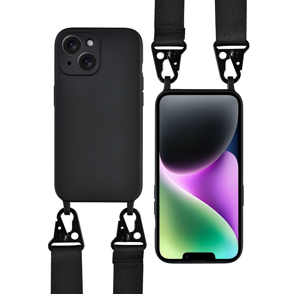 Etui do iPhone 14, crossbody z paskiem jak torebka, osłona aparatu, czarne