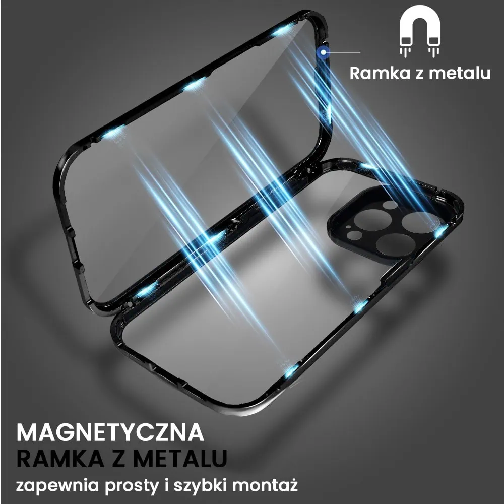 Obudowa do iPhone 13 Pro podwójna szyba i polerowane aluminium 360° magnetyczna, z osłoną aparatu, czarna