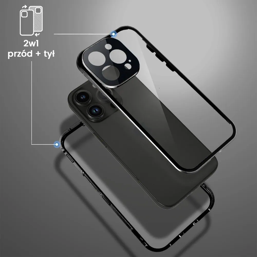 Obudowa do iPhone 13 Pro podwójna szyba i polerowane aluminium 360° magnetyczna, z osłoną aparatu, czarna