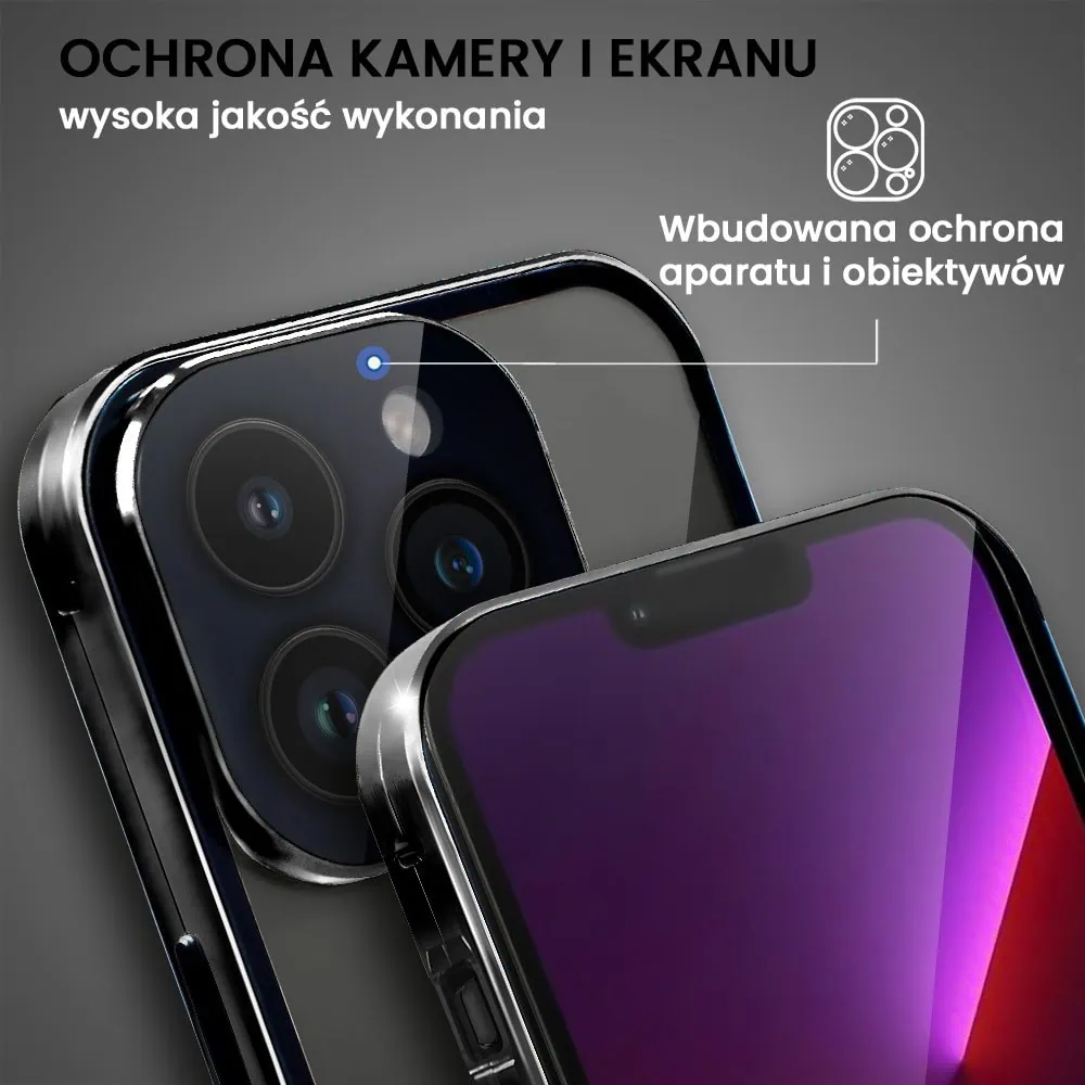 Obudowa do iPhone 13 Pro podwójna szyba i polerowane aluminium 360° magnetyczna, z osłoną aparatu, czarna
