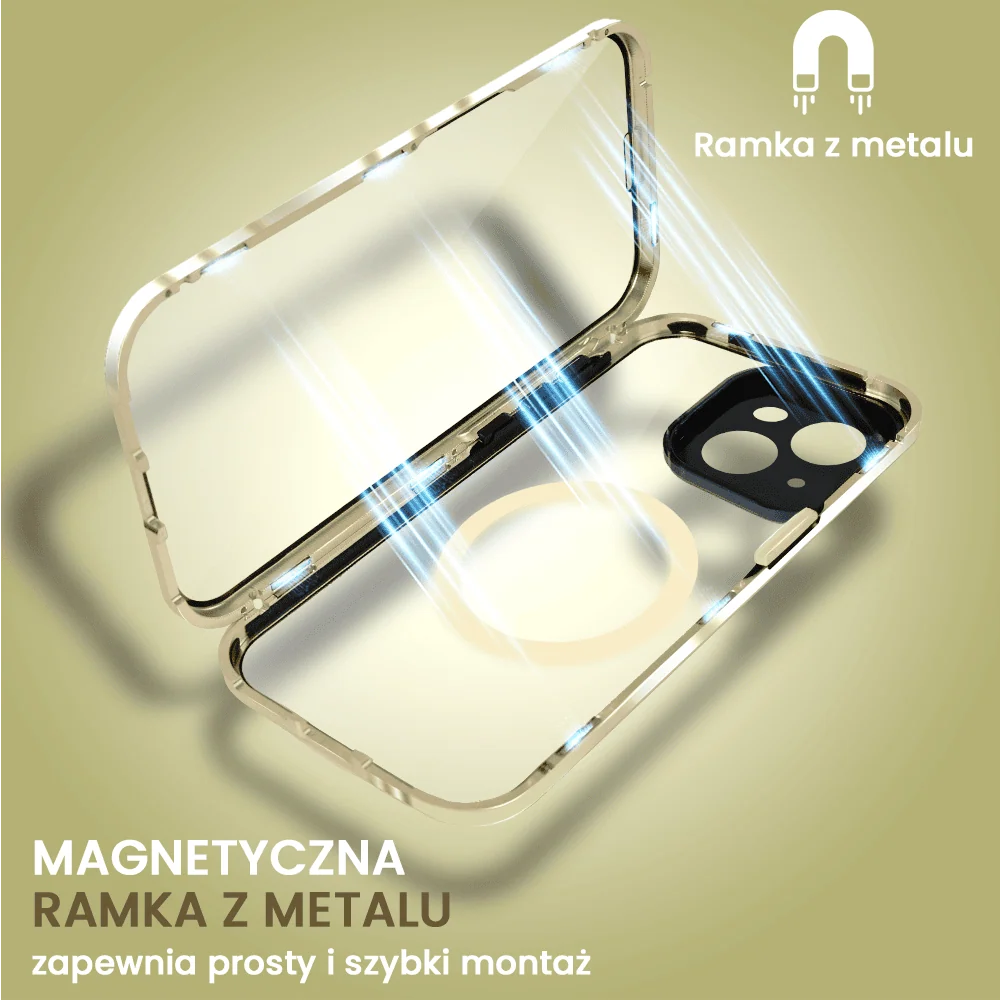 Obudowa do iPhone 13 podwójna szyba i aluminium 360° przód + tył magnetyczna, z Magsafe i osłoną aparatu, złota