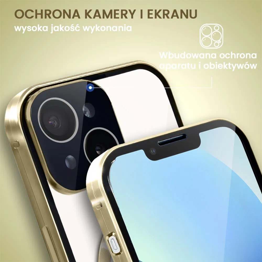 Obudowa do iPhone 13 podwójna szyba i aluminium 360° przód + tył magnetyczna, z Magsafe i osłoną aparatu, złota