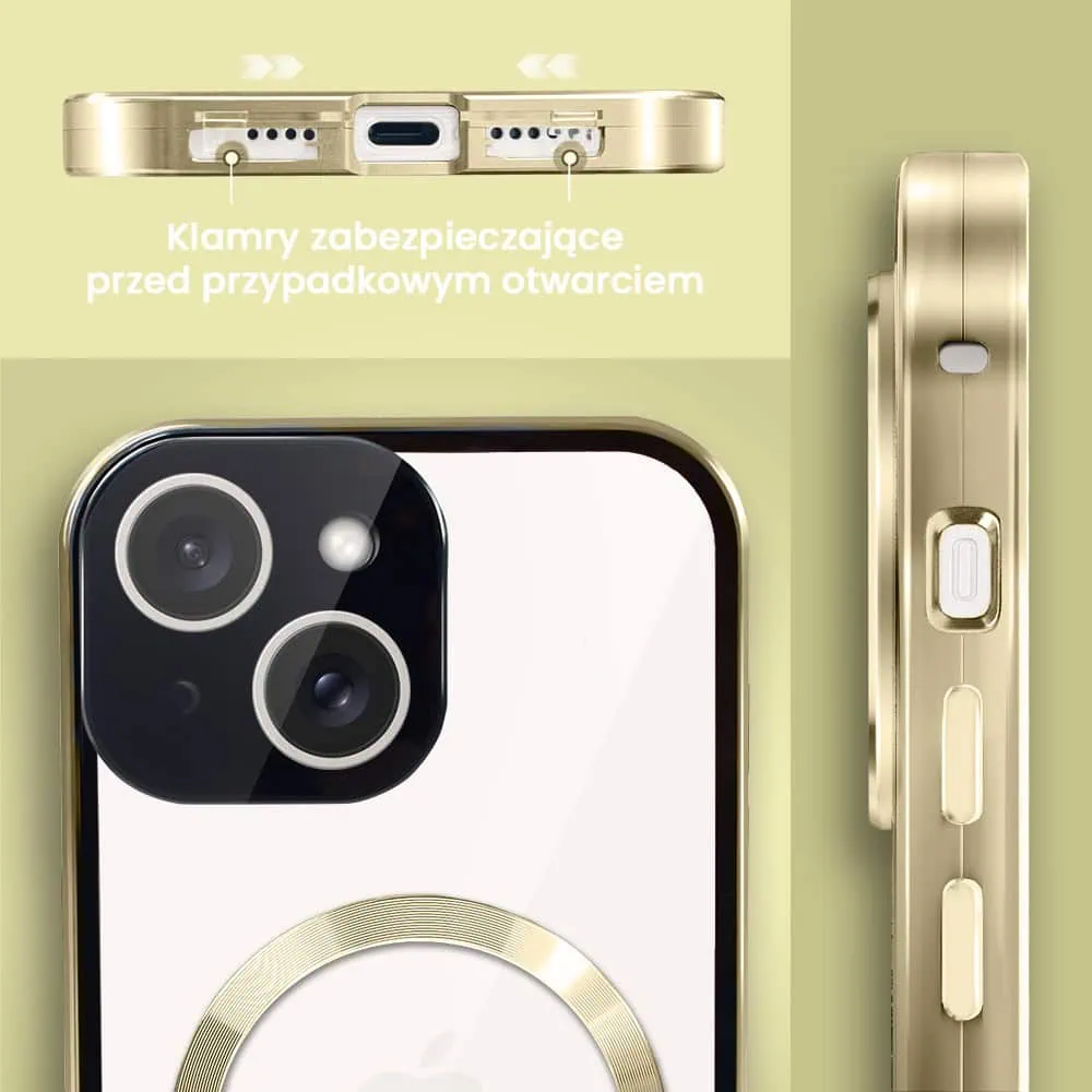 Obudowa do iPhone 13 podwójna szyba i aluminium 360° przód + tył magnetyczna, z Magsafe i osłoną aparatu, złota