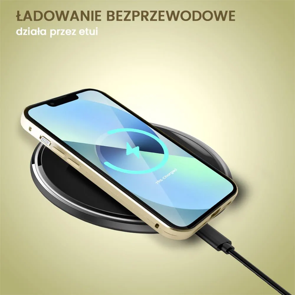 Obudowa do iPhone 13 podwójna szyba i aluminium 360° przód + tył magnetyczna, z Magsafe i osłoną aparatu, złota