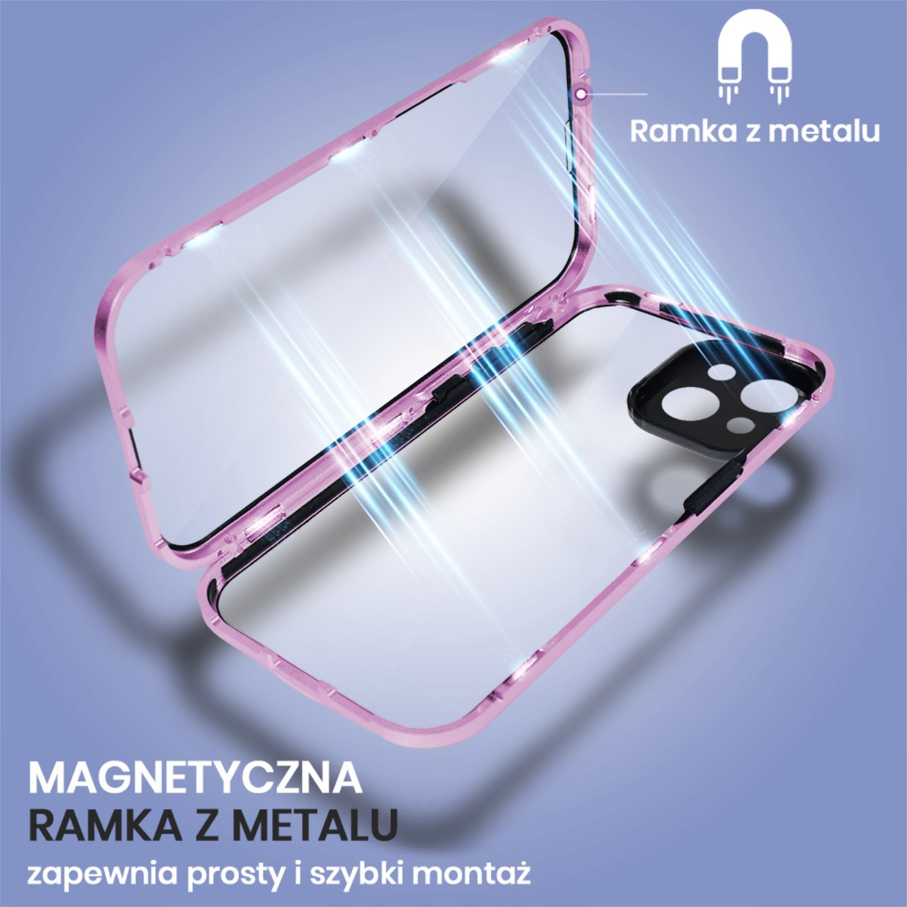 Obudowa do iPhone 13 podwójna szyba i aluminium 360° przód + tył magnetyczna, z osłoną aparatu, fioletowa