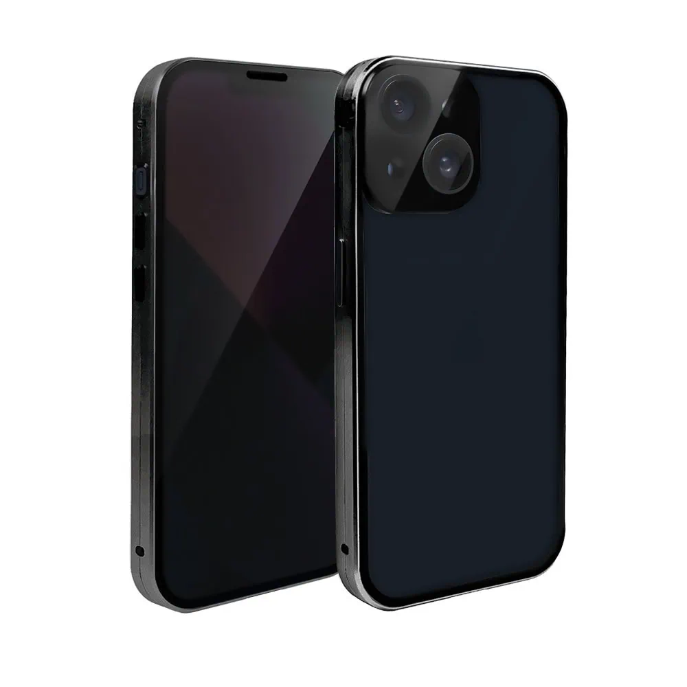Obudowa do iPhone 13, pancerna szyba i aluminium 360° przód + tył magnetyczna, z osłoną aparatu i szkłem prywatyzującym, czarna